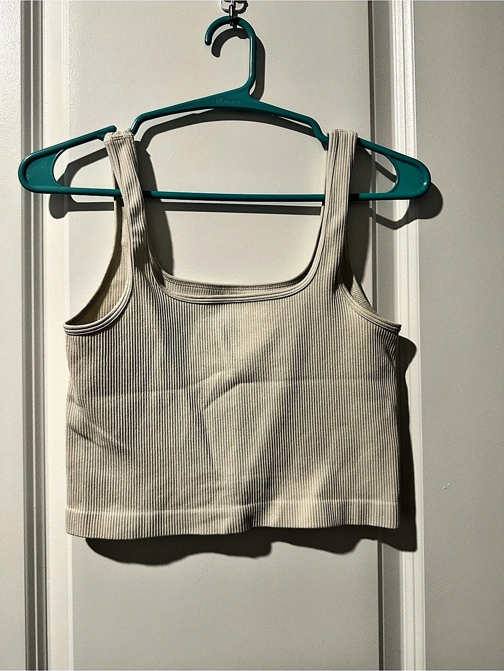 OQQ Seamless Ribbed Square Neck Crop Tank Top Cream Large